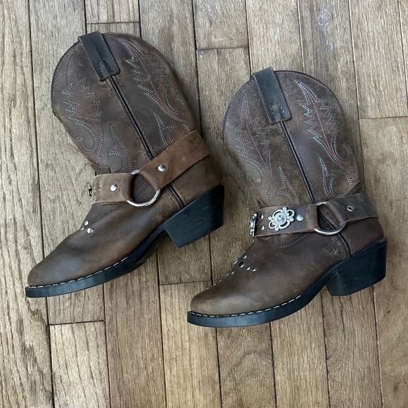 Girls Smoky Mountain Brown Leather Cowboy Boots toddler Size 12 Rhinestone - Picture 1 of 9